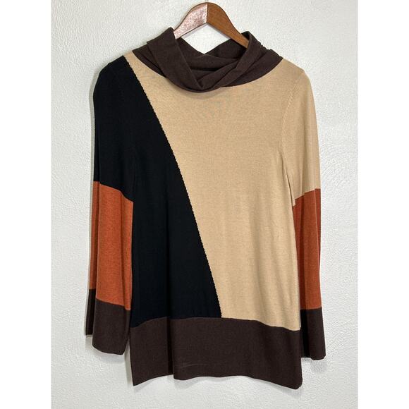 Lagenlook Spring Mercer Cowl Neck Sweater S Brown Tan Orange Color Blocked - Picture 1 of 11